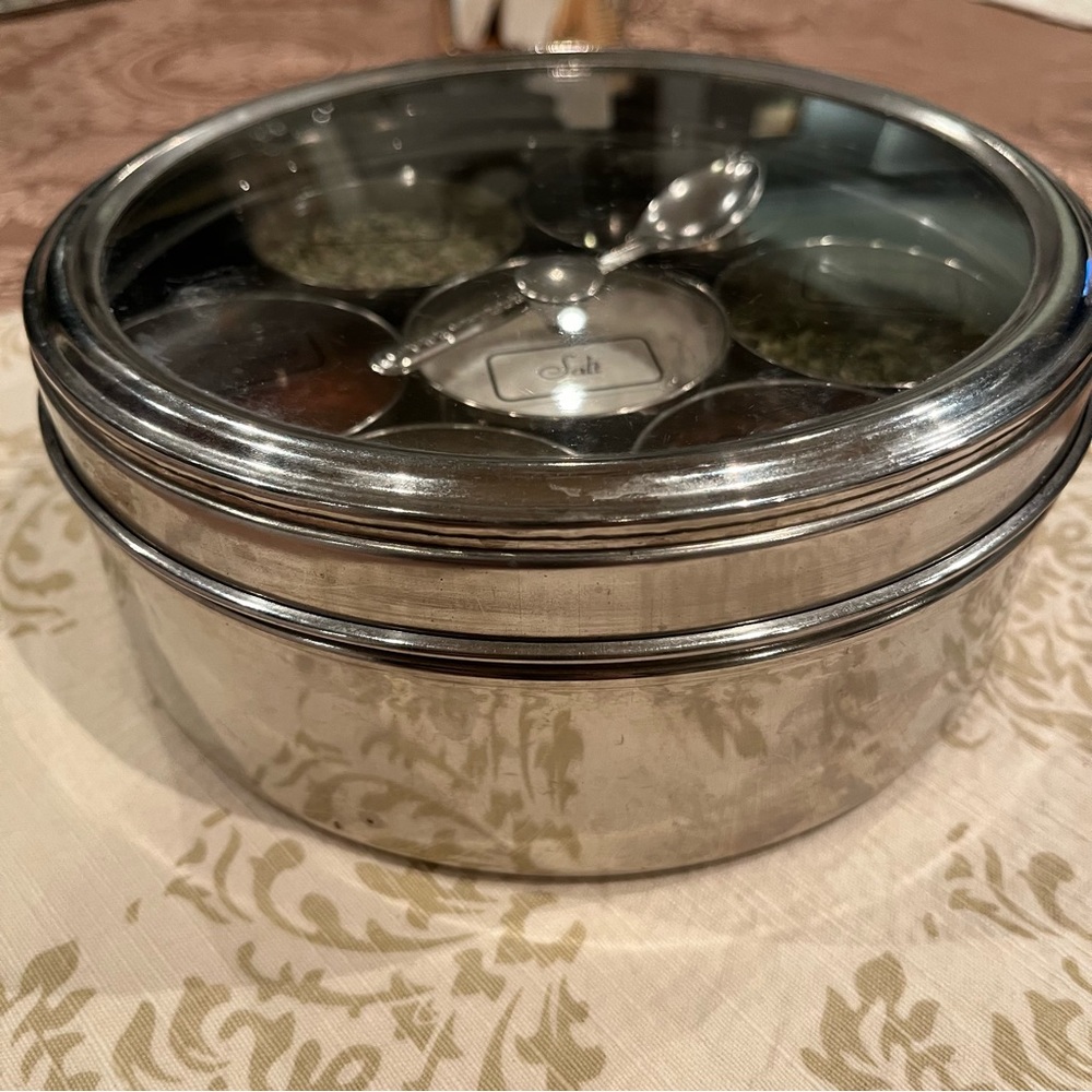 Stainless Steel Spice Container/Masala Dabba ~7 Containers & Small Spoon~8”x8”